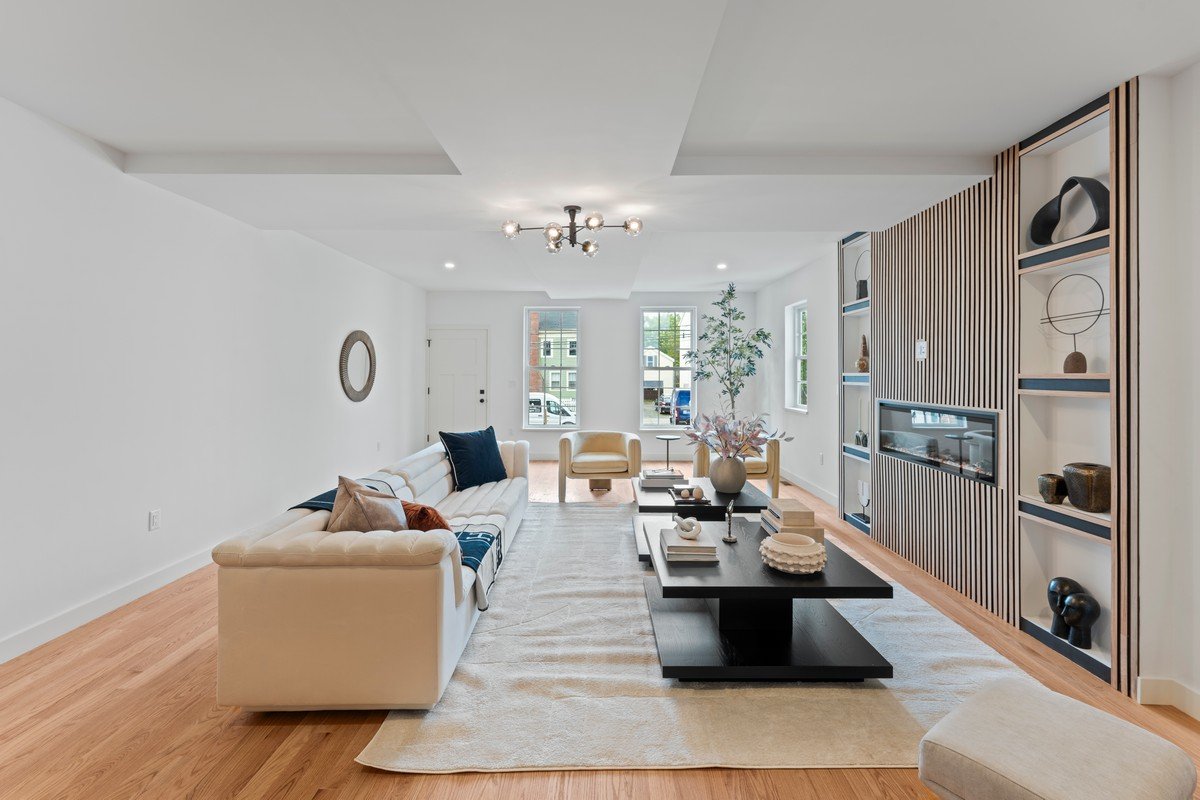 New Construction Duplex in Watertown MA- Living Area With Fireplace Built In Wall