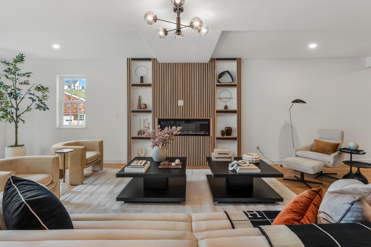 New Construction Duplex in Watertown MA- Living Area With Feature Fireplace Wall
